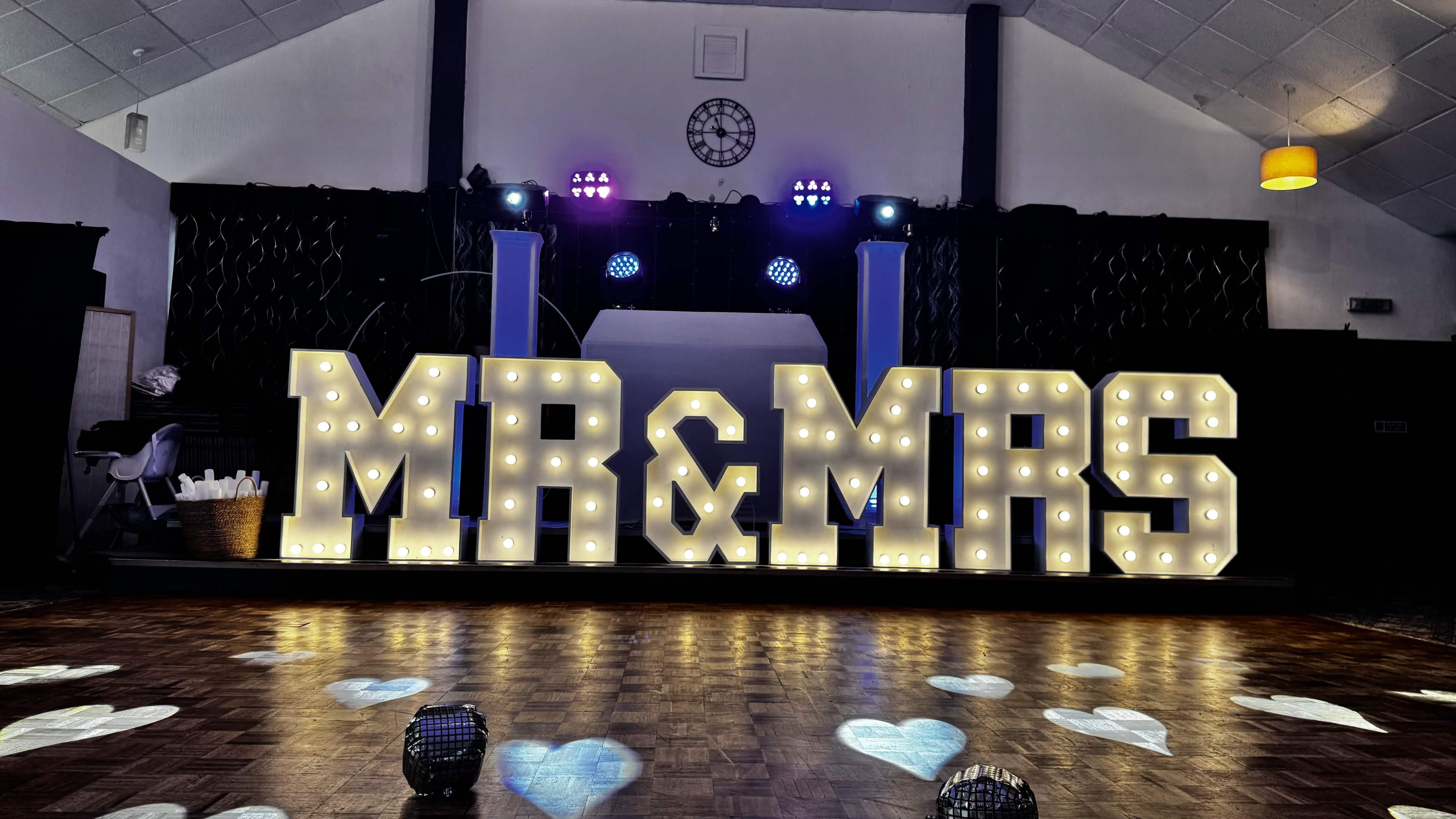 LED uplighting and dance floor setup at a wedding reception in the West Midlands